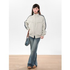 批发美式复古条纹<b class='q'>卫衣</b>外套女秋冬潮牌街头两道杠宽松百搭立领运动开衫