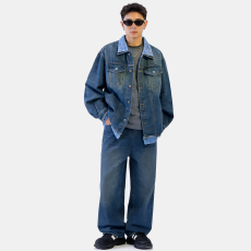 批发春秋美式复古拼接假两件牛仔外套男女cleanfi设计感宽松情侣夹克