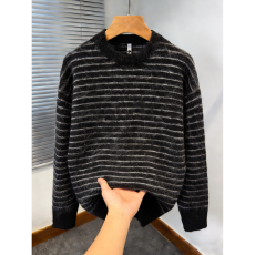 批发春秋复古季慵懒撞色条纹软糯毛衣男女中性潮牌百搭圆领情侣针织衫