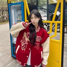 批发潮牌过年红色棒球服<b class='q'>男</b>女秋冬新款美式龙凤呢拼皮棉衣外套宽松