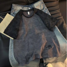 批发男士时尚潮流拼接撞色钢印字母半袖ins<b class='q'>圆领</b>短袖打底衫休闲百搭<b class='q'>T</b><b class='q'>恤</b>