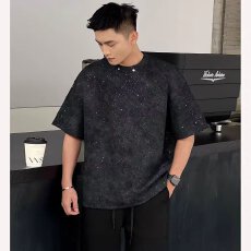 潮牌ins短袖小衫男个性亮片印花晕染T恤青年夏季新款时尚休闲半袖