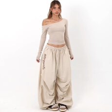 批发美式复古褶皱抽绳伞兵工装裤2025潮大口袋宽松直筒高街跳舞<b class='q'>裤子</b>女