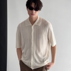 批发镂空防晒针织短袖开衫男夏季轻薄透气翻领休闲痞帅设计感个性上衣