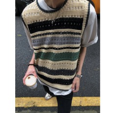 批发港风复古彩色条纹镂空针织背心男夏女季宽松无袖砍肩上衣