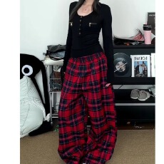 批发红色格子抽绳阔腿裤女春秋休闲<b class='q'>裤子</b>美式慵懒宽松显瘦高腰直筒长裤