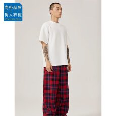 慵懒风红色格纹休闲裤男女同款美式复古街头运动直筒垂感阔腿长裤