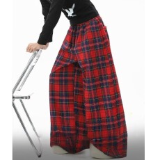 慵懒风红色格纹休闲裤男女同款美式复古街头运动直筒垂感阔腿长裤