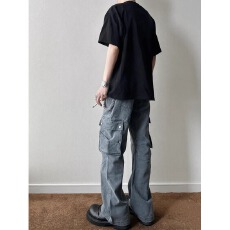 批发美式复古解构工装休闲裤男女秋季潮牌痞帅阔腿裤高街多口袋微喇裤