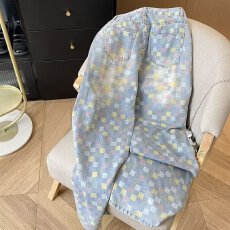 批发春夏新款彩色<b class='q'>棋盘</b><b class='q'>格</b>高街vibe美式复古宽松显瘦阔腿牛仔裤男直筒裤