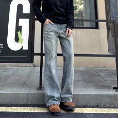 批发潮流美式高街cleanfit竹节纹牛仔裤男秋季百搭潮直筒微喇vibe<b class='q'>裤子</b>