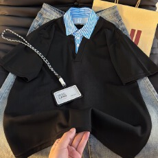 批发假两件<b class='q'>衬衫</b>领<b class='q'>短袖</b>T恤男款夏季潮牌高级感polo领痞帅宽松凉感半袖