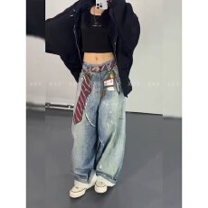 批发查尔斯桃心美式复古水洗做旧弯刀牛仔裤男春秋季宽松领带阔腿<b class='q'>裤子</b>