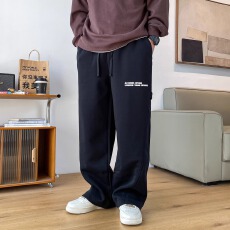 春秋季美式直筒抽绳卫裤男士百搭休闲时尚潮流设计感宽松阔腿裤