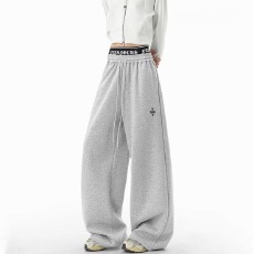 美式双腰头假两件卫裤女男春季简约十字架直筒休闲裤宽松百搭长裤