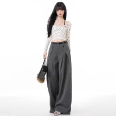 批发灰色条纹阔腿<b class='q'>休闲</b>裤<b class='q'>男</b>女新款褶皱设计垂感宽松百搭老钱风<b class='q'>西装</b>裤