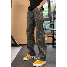 美式复古微喇迷彩裤子男款春季斜切直筒伐木工装裤vibe弯刀牛仔裤