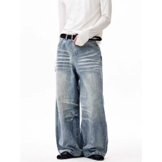 批发闪电纹猫须水洗弯刀男士春秋季<b class='q'>潮</b>流新款美式高街宽松垂感牛仔裤