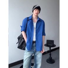 韩系克莱因蓝长袖衬衫男款cleanfit慵懒风高级感防晒开衫衬衣外套