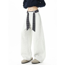 批发慵懒风宽松显瘦百搭阔腿裤女秋款复古格子拼接高腰休闲裤弯刀裤