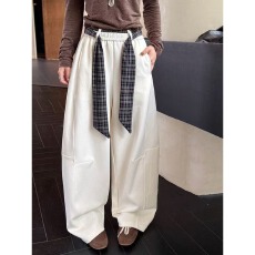 批发慵懒风宽松显瘦百搭阔腿裤女秋款复古格子拼接高腰休闲裤弯刀裤
