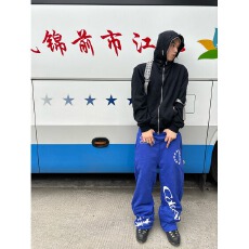 蓝色运动风印花卫裤男女同款美式街头感宽松休闲街舞小众休闲裤子