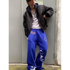 批发蓝色运动风印花卫裤<b class='q'>男</b>女同款美式街头感宽松休闲街舞小众<b class='q'>休闲裤</b>子