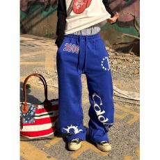批发蓝色运动风印花卫裤<b class='q'>男</b>女同款美式街头感宽松休闲街舞小众<b class='q'>休闲裤</b>子