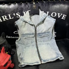 批发美式连帽牛仔马甲男士潮牌灰色复古宽松机车拉链帅气背心外套