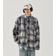 重磅设计水墨染流苏格纹格子衬衫男女美式高级感外套