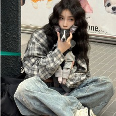 批发美式格纹衬衫女夏季脏染格子衬衣<b class='q'>男</b>友风外套oversize宽松情侣上衣