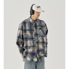 批发美式格纹衬衫女夏季脏染格子衬衣<b class='q'>男</b>友风外套oversize宽松情侣上衣