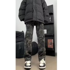 批发美式高街迷彩<b class='q'>牛仔裤</b><b class='q'>男</b>款直筒vibe风格裤子提档显瘦百搭弯刀微喇裤