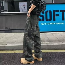 批发夏季新款潮牌美式复古迷彩直筒<b class='q'>牛仔裤</b><b class='q'>男</b>街头宽松潮流百搭休闲长裤