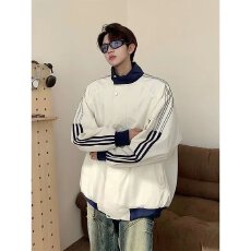 批发美式潮牌三道杠条纹<b class='q'>外套</b>男春秋季宽松运动棒球服百搭休闲立领夹克