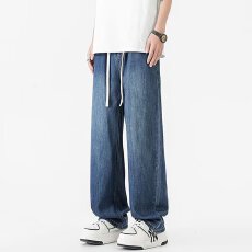 夏季薄款冰丝牛仔裤男直筒宽松青少年初高中微喇显高学生阔腿裤子