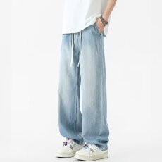 夏季薄款冰丝牛仔裤男直筒宽松青少年初高中微喇显高学生阔腿裤子