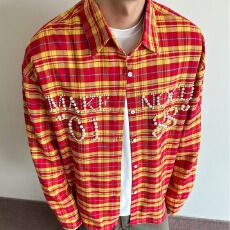 新款格子美式复古珍珠字母格纹衬衫长袖春夏休闲男女同款外套衬衣