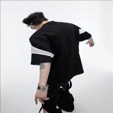 2026新款男时尚圆领短袖拼接T恤宽松型夏季百搭ins潮牌港风韩版