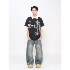 网络图原版华夫格印花polo衫黑色M-3XL