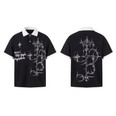 网络图原版华夫格印花polo衫黑色M-3XL