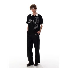 网络图原版华夫格印花polo衫黑色M-3XL