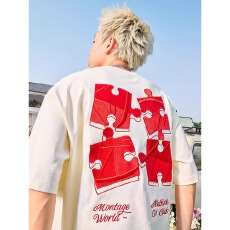 批发美式复古重磅刺绣短袖<b class='q'>T</b><b class='q'>恤</b>拼图<b class='q'>嘻哈</b>潮牌宽松男女2026年夏季