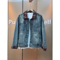 批发假两件拼接牛仔外套男款春秋美式复古翻领夹克高级感痞帅工装褂子