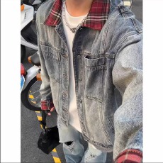 批发假两件拼接牛仔外套男款春秋美式复古翻领夹克高级感痞帅工装褂子