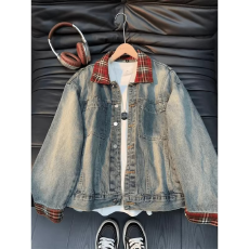 批发假两件拼接牛仔外套男款春秋美式复古翻领夹克高级感痞帅工装褂子