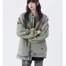 批发美式机车风牛仔外套男水洗做旧潮牌炸街刺绣宽松复古高街<b class='q'>夹克</b>上衣