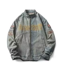 美式机车风牛仔外套男水洗做旧潮牌炸街刺绣宽松复古高街夹克上衣