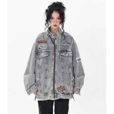 批发美式高街水洗做旧牛仔外套男女秋季潮牌宽松休闲机车vintage<b class='q'>夹克</b>