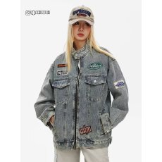 批发美式高街水洗做旧牛仔外套男女秋季潮牌宽松休闲机车vintage<b class='q'>夹克</b>